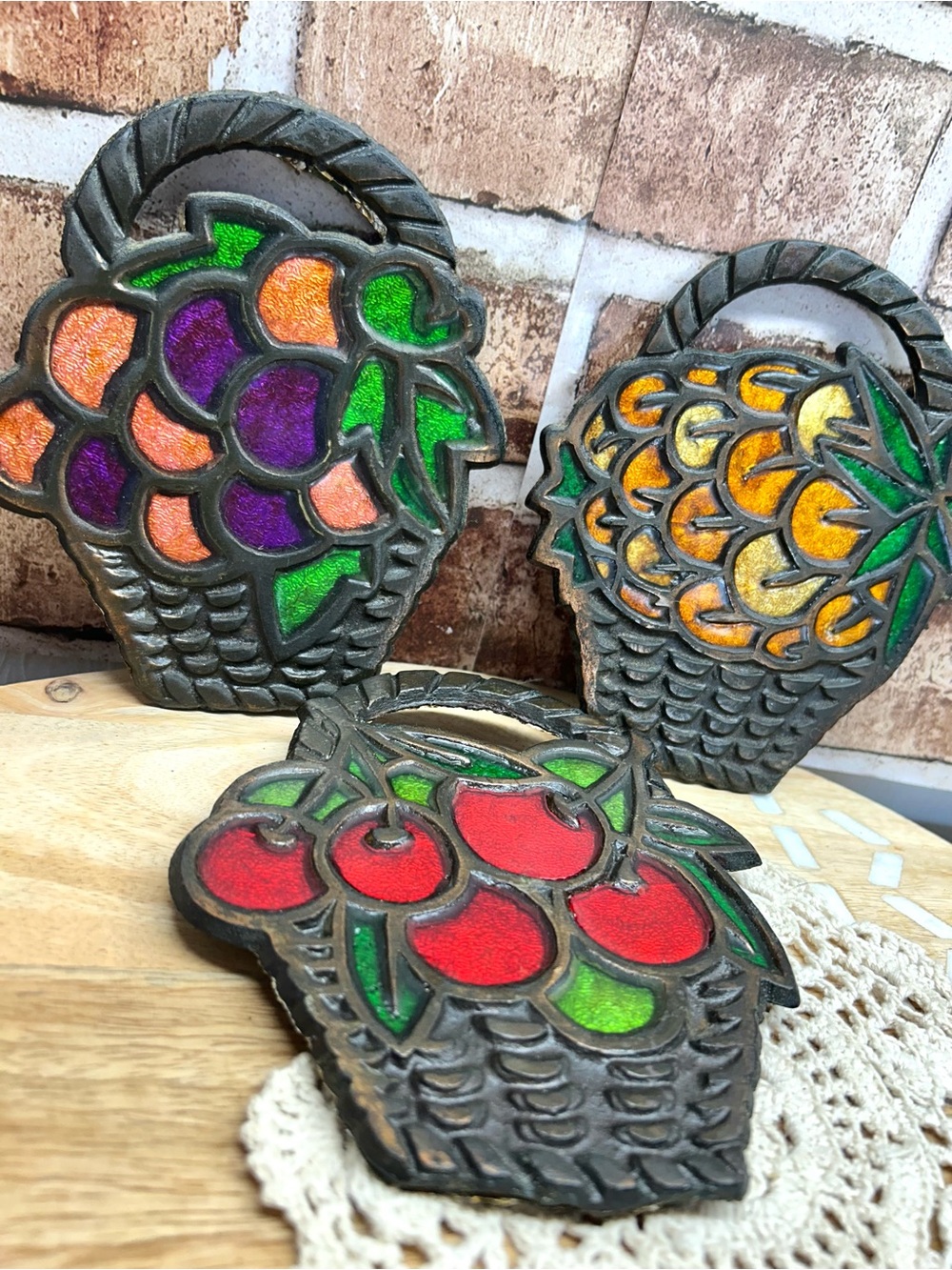 Vintage Fruit Basket Cast lorn Stained Glass Trivet Set of 3